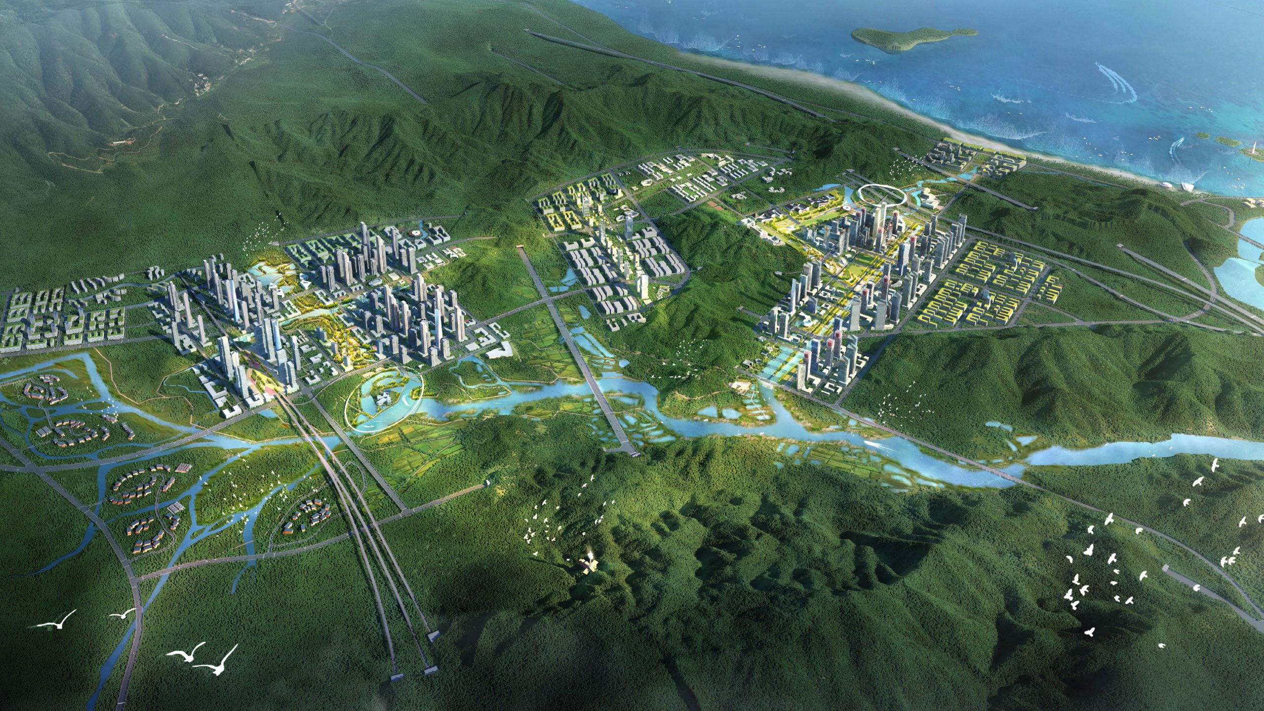 Shenshan is a new city in southern China designed by McGregor Coxall and South China University of Technology (SCUT) using the Biourbanism model.
